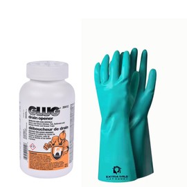 "Extra Mile at Home Drain Cleaning Kit – Includes 20 oz Hercules Glug Crystals with High-Quality PVC Chemical-Resistant Gloves for Safe and Effective Unclogging of Sinks, Tubs, and Drains"