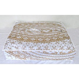 ICC Large Square Floor Pillow Cover Hippie Ottoman Pouf Cover Daybed Cotton Mandala Cushion Cover with Heavy Duty Zipper Seating Ottoman Poufs Dog-Pets Bed (White Gold Ombre, 35" Square)