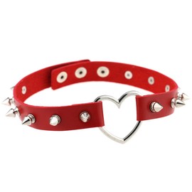 FM FM42 Red Simulated Leather PU Silver-tone Heart Ring Rivet Spiked Necklace Neckband Choker PN1243