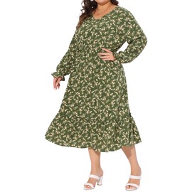 Agnes Orinda Plus Size Dress for Women Boho Floral Print V Neck Long Sleeve Ruffle Hem Long Maxi Dresses Casual Vacation 4X Olive Green