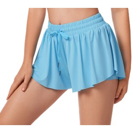 Gyozelem - Pantalones cortos deportivos para mujer, pantalones cortos deportivos 2 en 1, de doble capa, de secado rápido, cómodos, Azul-cielo, Large