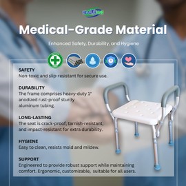 Shower Bench Adjustable Bath Seat Shower Chair with Arms Padded Handles, Without Back, Medical Shower Chair Bench Bath Stool for Elderly, Adults, Disabled, 300 Lbs, White