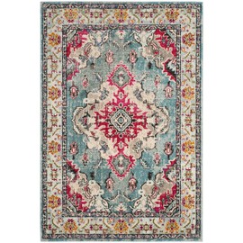 Safavieh Monaco Collection MNC243J Bohemian Chic Medallion Distressed Area Rug, 6' 7" x 9' 2", Light Blue/Fuchsia
