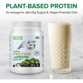 Active Green Pro - Vegan Protein Powder + Greens, For Vegan and Ketogenic Diet, Yummy Vanilla Flavour, No Sugar