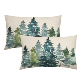 Watercolor Blue Green Tree Lumbar Pillow Covers 12X20 in Set of 2 Nature Themed Christmas Rectangular Pillow Cases Rustic Forest Pillowcase Home Decor for Living Room Couch Patio Sofa Porch Outdoor