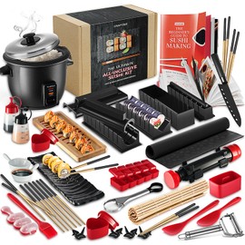 CraftZee Sushi Making Kit - Complete Sushi Maker Kit with Bazooka Roller, Rice Cooker, Onigiri, Nigiri & Musubi Mold, Rice Ball Mold, Bamboo Rolling Mat, Knife, Guide Book & More
