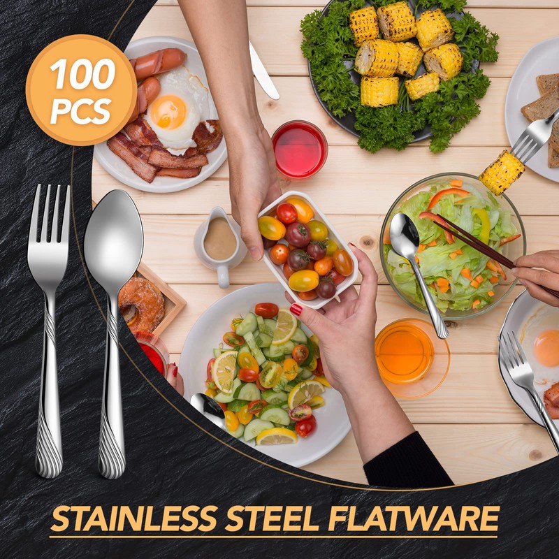 200 Pcs Dinner Forks and Spoons Silverware Set Heavy Duty