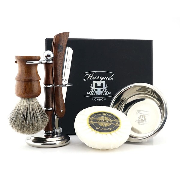 Haryali London Classic 5-in-1 Shaving Set, Razor Shaving Brush, Shaving Stand, Shaving Bowl for Wet Shaving, Vintage Wood Shaving Set for Men