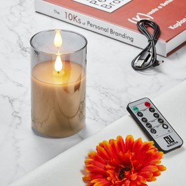 Guluto Flickering Flameless Candles, Rechargeable Battery Operated Candles with 3D Wick, Last 1000+ Hours LED Candle with Remote and Timer, Real Wax Candle, Grey Glass for Home, Christmas 3" x 4"