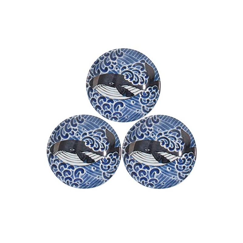 Mino Pottery White Wave Whale 100 Plates, Set of 3