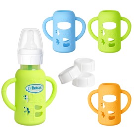 3 Pack Silicone Sleeve with Handle + Narrow Storage Caps, Anti Breakage Baby Bottle Holder, Compatible Dr. Brown's Narrow Baby Bottle(Orange+Blue+Green), 4 oz/120 mL