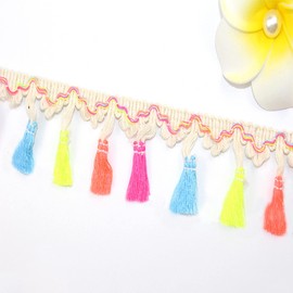 HAOBIN 5.6 Metres Tassel Trim Ribbon Pompom Trim Fringe Pompoms Colourful Fringe Tassels Trim Fringe Lace Trim Pom Balls Fringe Trim for DIY Sewing Decoration (A)