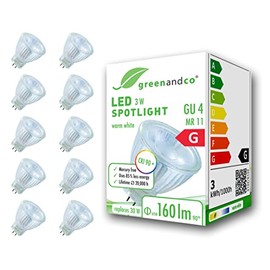greenandco 10 x CRI 90+ LED Spotlight Replaces 20 W GU4 MR11 Spotlight, MCOB 3 W 160 lm 3000 K Warm White 38° 12 V AC/DC Flicker-Free Not Dimmable