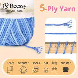 Reessy 225g Knitting Wool Acrylic Yarn Crochet Yarn Set, Super Soft 5 Ply Wool for Crochet Knitting and Crafts, 5 x 45g Crochet Yarn for Amigurumi Projects Handcrafts-Blue