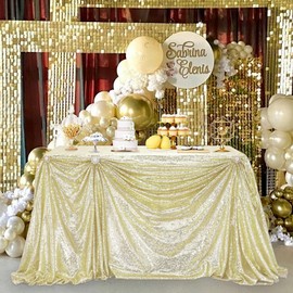 B-COOL Sequin Tablecloth Light Gold Rectangular 90x132 Inches Shimmer Tablecloth Sparkly Table Fabric for Charity Galas Themed Parties Prom