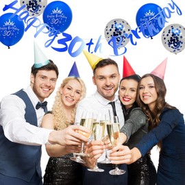 Blue 30th Birthday Decorations Men Happy 30th Birthday Banner Including 12 Pack 12” Latex Printed Balloons Women Men 30th Birthday Party Decorations Supplies