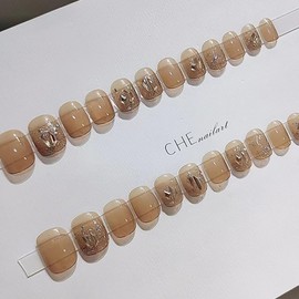 Bhidenaw Nail Tips, 24 Pieces, Nail Tips, Short, Japanese Style, Cute, Simple, Stylish, For Various Occasions, Nail Sticker, Glossy, Fake Nails, Nail File Included, Short Light Curry Diamond