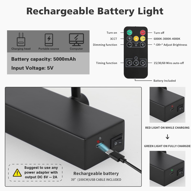 Joosenhouse Wireless Picture Light Battery Operate Library Light 15Inch 5000mAh