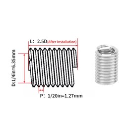 50pcs Wire Thread Insert Kit, 304 Stainless Steel NPT UNC 1/4in‑20 X 1-3D Screws Sleeve Assortment Helical Type Coiled for Automotive Repairs(2.5D)