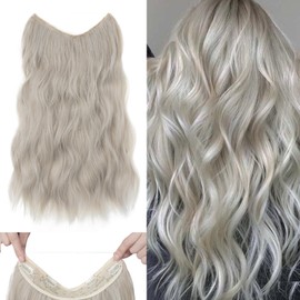 24 Inch Wire in Hair Extension Hidden Invisible Adjustable Wire Hair One Piece Wavy Curly Long Synthetic Hairpieces for Women Natural Heat Temperature Fiber Colour-Blond mixed Silver Grey