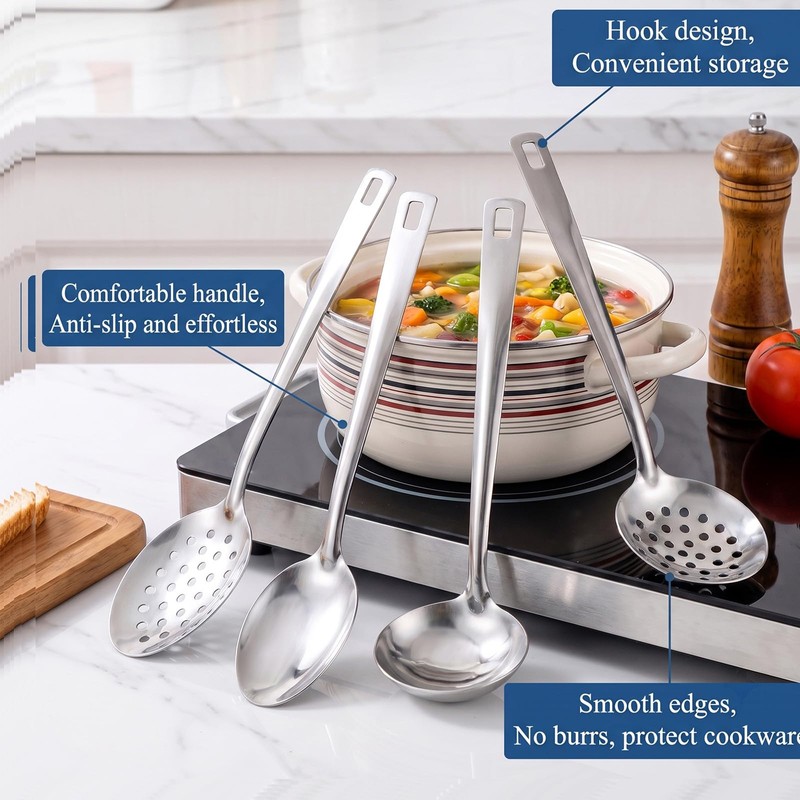 Ruwnii 4Pcs Stainless Steel Slotted Spoon Set, Strainer Spoons for
