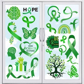 Whaline 9 Sheets Mental Health Awareness Window Clings Green Ribbon Awareness Pattern Reusable Window Decals for Mental Health Month Party Supplies Home School Office Decor