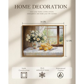 WHASAYART Vintage Lemon, Flower, Vase Near Window Still Life Canvas Print 12x16 Framed Wall Art, Country Cottagecore Oil Painting Style for Kitchen Dining Room Living Room Farmhouse Decor