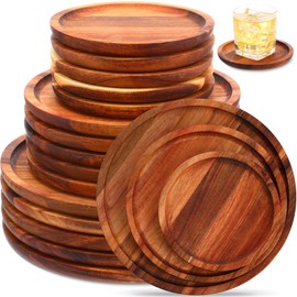 Roshtia Set of 15 Acacia Wood Dinner Plates Round Wooden Charger Plates Lightweight Serving Food Trays for Dish Snack Salad Dessert, 6" 8" 10", 5 of Each Size, Housewarming Christmas Gifts