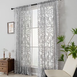 Pikiuche Net Curtains for Living Room - Grey Lace Curtains 90 Inches Long for Windows, Rod Pocket Voile Curtains Scalloped Edge, Privacy Light Filter Vintage Sheer Curtains, 54 x 90 Inch, 2 PCs, Grey