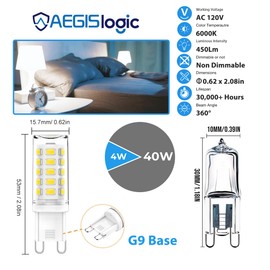 Aegislogic G9 LED Bulb 4W, 40W Halogen Equivalent, 450LM, 360° Beam Angle Energy Saving, Non-dimmable, 6000K Cool White, No Flicker, 120V, Chandelier Lighting, Ceramic Base (6 Pack)