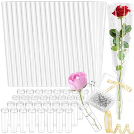 Tetutor 100 Pcs Single Rose Sleeve with Floral Water Tubes, Flower Water Tubes with Single Flower Sleeve, Diamond Pins and Ribbon, Flower Wrapping Bags for Valentine's Day, Flower Bags for Bouquets Valentine's Day Mother's Day