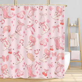Pink Bow Western Shower Curtain, Cowgirl Cute Bowknot Disco Cherry Bow Boots Caps Shower Curtain Set for Boys Teens Girls, Waterproof Bath Curtain Decor with Hooks,Pink,72x72