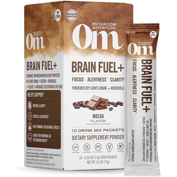 Om Mushroom Superfood Drink Mix Packets, Brain Fuel Plus, Mocha, 2.1 Ounce, Lions Mane & Rhodiola, Memory & Focus Supplement