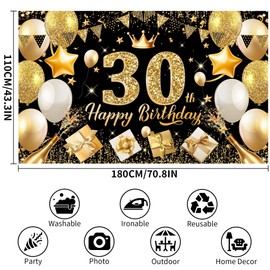 PatiCool Happy 30th Birthday Banner Backdrop Black and Gold - 71x43 Fabric - Large Happy Birthday Sign for Backdrop, Birthday Party Photo Background Decorations for Men Women