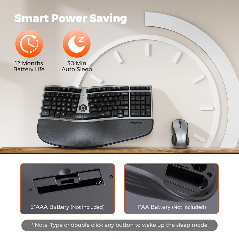 MEETION Ergonomic Wireless Keyboard Mouse, 2.4GHz Split Palm Rest Keyboard