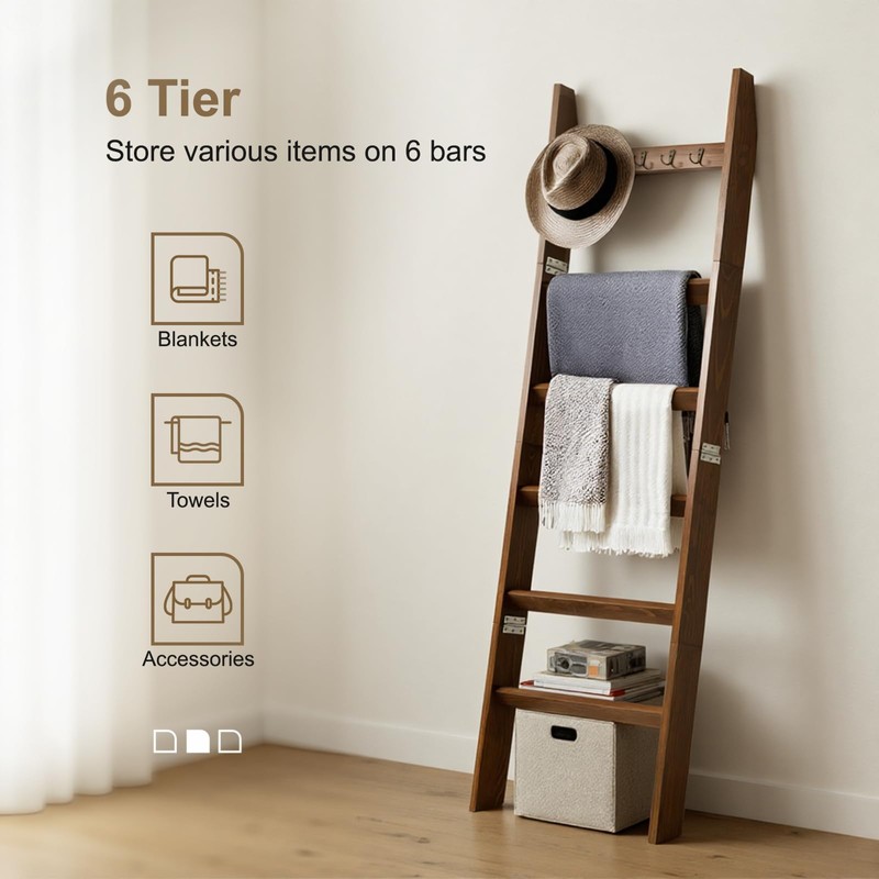 TEAKMAMA 6-Tier Blanket Ladder for Living Room and Bedroom,5.4 Ft