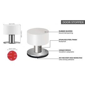 Door Stoppers with Extra Stickers, Self-Adhesive Door Stop with White Rubber & Stainless Steel Body - Heavy Duty Sound Dampening Door Bumpers for Home & Office, Door stoppers for Bottom of Door