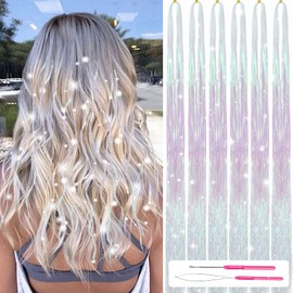Hair Tinsel Kit With Tools 47Inch Fairy Hair Tinsel Heat Resistant 6Pcs 1200Strands Highlights Glitter Hair Extensions Sparkling Shiny Hair Extensions for Women Girls (White-Pink)