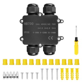 Junction Box Waterproof IP68.4 Way Junction Box, Waterproof Junction Box, Black Electrical Outdoor Distribution Box, Cable Gland, Earth Cable Junction Boxes, Terminal Box Outdoor for Cable Diameter 4