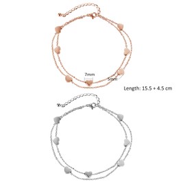 Epoch World Pack of 2 Heart Bracelets, Women's Bracelets, Silver Bracelet, Rose Gold Charm Bracelet, Layered Heart Bracelets, Double Chains, Made of Stainless Steel, Adjustable Bracelet for Women and