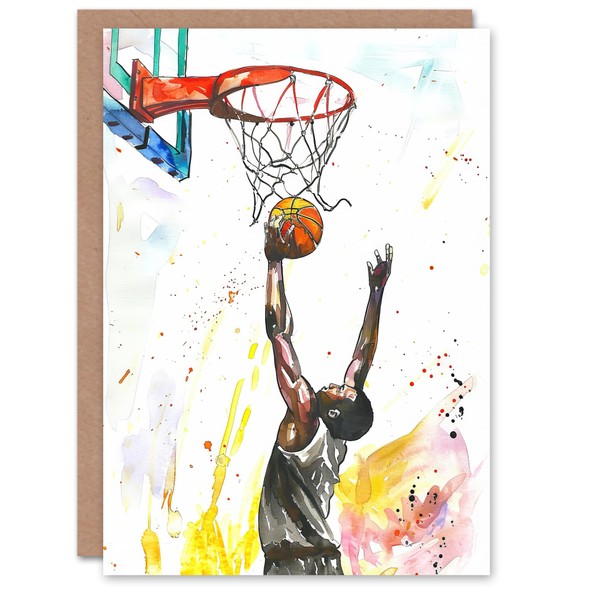 Artery8 Greeting Card Basketball Player Jump Hoop Sport Watercolour For