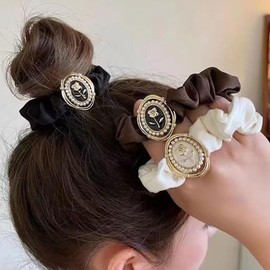 Likeggoad 6 Pack Rhinestone Pearls Scrunchies,Rose Scrunchies Elastic Hair Ties Pearl Floral Silk Hair Scrunchies Ponytail Holder Hair Accessories for Women Girls(2 styles)