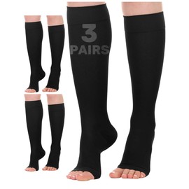 (3 Pack) Wide Calf Sheer Compression Socks for Women 20-30mmHg Open Toe - Toeless Womens Knee Highs Support Stockings for Circulation, Swelling, Varicose Veins - Black, 3X-Large - A416