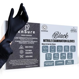 Saf-Care EnSure Nitrile Exam Gloves, Powder-Free, Latex-Free, Chemo Rated, Non-Sterile, Textured Fingertips, Heavy Duty, Medical, Surgical, Food Safe, Tattoo, Cleaning - Black, 5 Mil (100, Medium)