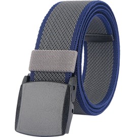 Men's Stretch Web Belts, Elastic Casual Belt for Men Women with Plastic Buckle for Outdoor Sport Travel, Adjustable Work Belts for Pants Size Below 46 inches [53"Long 1.5"Wide](Gray Strap Blue Edge)
