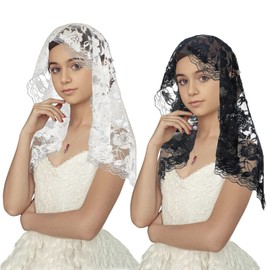 2 Pcs Catholic Mantilla Veils for Church Catholic, Lace Church Veils Floral Design Chapel Christian Veil for Women, The First Communion, Bridal, Wedding, Latin Mass, Head Covering Scarf (White, Black)