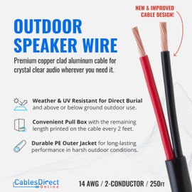 Cables Direct Online Speaker Wire 14 Gauge, 250 ft for Outdoor and Indoor Use, 14/2 CCA (Copper Clad Aluminum) Stranded Bulk Audio Cable, Direct Burial and UV Resistant, New 2024 Model