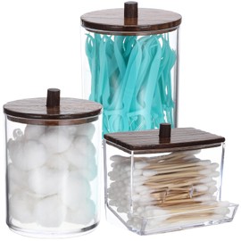 Hipiwe 3 Pack Acrylic Cotton Ball Holder Clear Qtip Holder Bathroom Canister Storage Box with Lid Apothecary Jars Makeup Organizer for Cotton Balls,Swabs,Pads,Brown