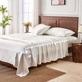 Cibhlea Luxury Satin Sheets Full Size - 4-Piece Embossed Bed Sheet Set with Deep Pocket Fitted Sheet, Cooling Silk Feel, Includes 1 Flat Sheet, 1 Fitted Sheet, 2 Pillowcases