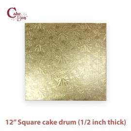 Cakebon Cake Boards Square - Sturdy 1/2 Inch Thick Drums - 12 Inch Professionally Wrapped Edges Gold 3-Pack